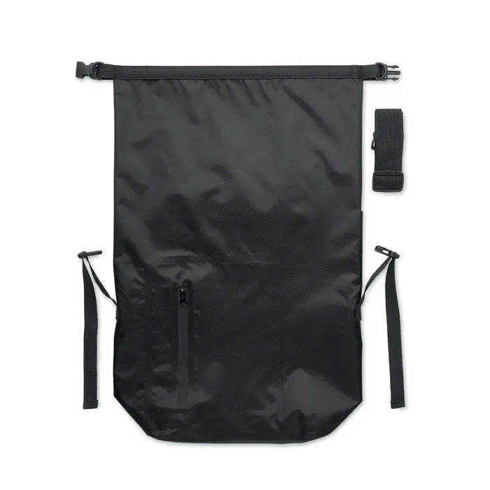 Geanta rolltop impermeabila din rpet neagra cu inchidere rulabila si curele laterale pentru protectie impotriva apei