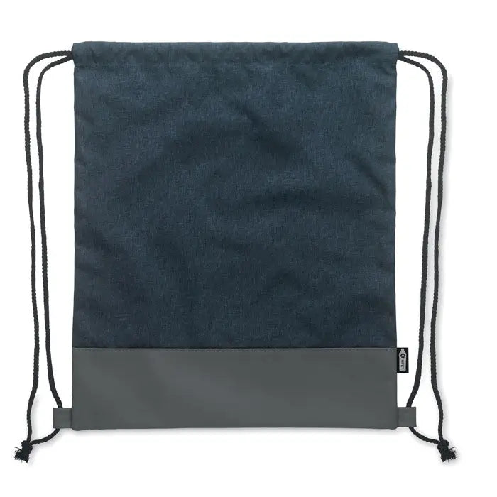 Dark blue rpet drawstring backpack with contrasting gray base and black cords in two-tone design