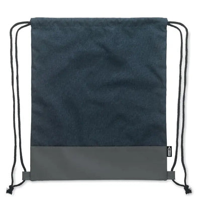 Dark blue rpet drawstring backpack with contrasting gray base and black cords in two-tone design