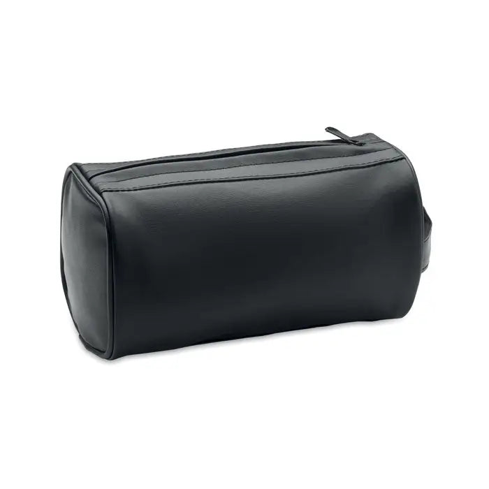 Geanta neagra de piele ecologica pentru cosmetice cu fermoar si forma cilindrica rotunjita pentru uz personal