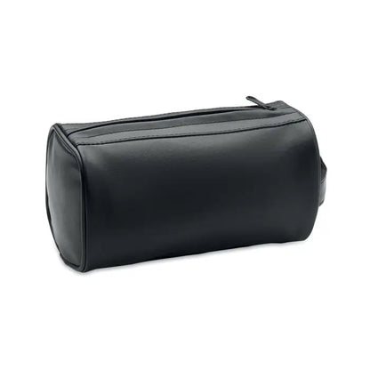 Geanta neagra de piele ecologica pentru cosmetice cu fermoar si forma cilindrica rotunjita pentru uz personal