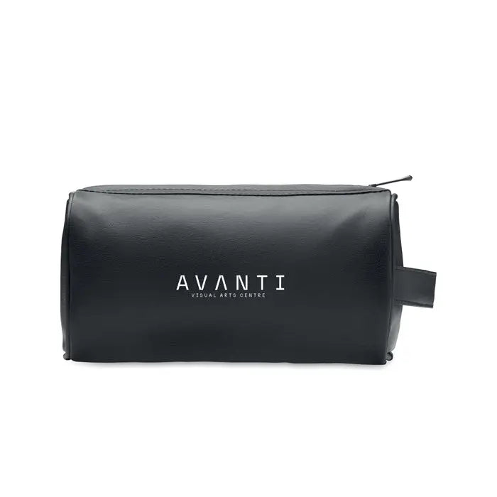 Geanta pentru cosmetice moale din piele ecologica neagra cu logo alb avanti visual arts centre