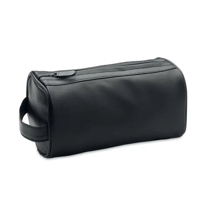 Geanta moale din piele ecologica neagra pentru cosmetice cu fermoar superior si maner lateral