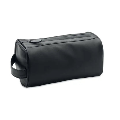 Geanta moale din piele ecologica neagra pentru cosmetice cu fermoar superior si maner lateral