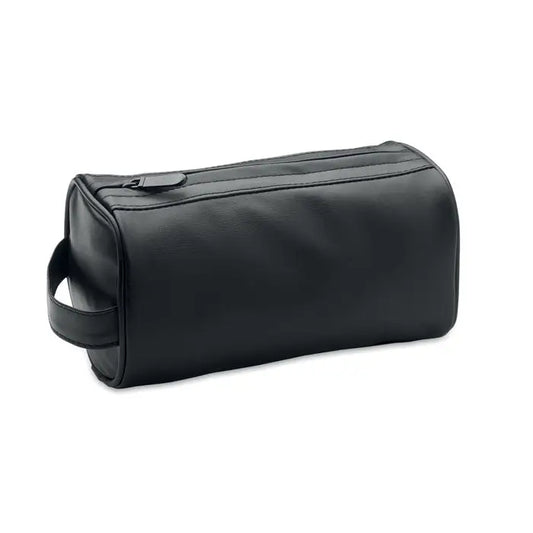 Geanta moale din piele ecologica neagra pentru cosmetice cu fermoar superior si maner lateral