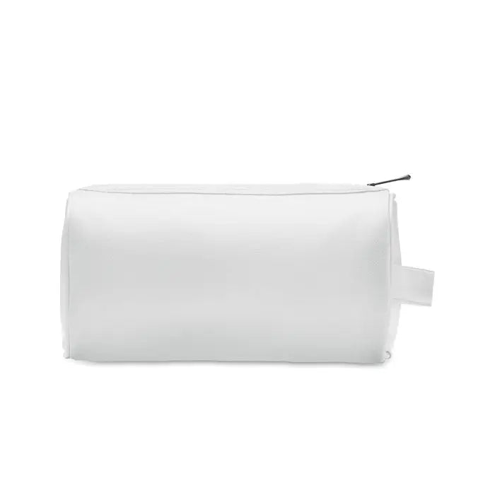 Geanta alba cilindrica moale pentru cosmetice din PU cu fermoar si maner mic pentru uz personal