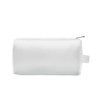 Geanta alba cilindrica moale pentru cosmetice din PU cu fermoar si maner mic pentru uz personal