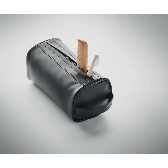 Geanta si fermoar pentru cosmetice moale din piele neagra cu maner mic si continut perie si pieptene din lemn
