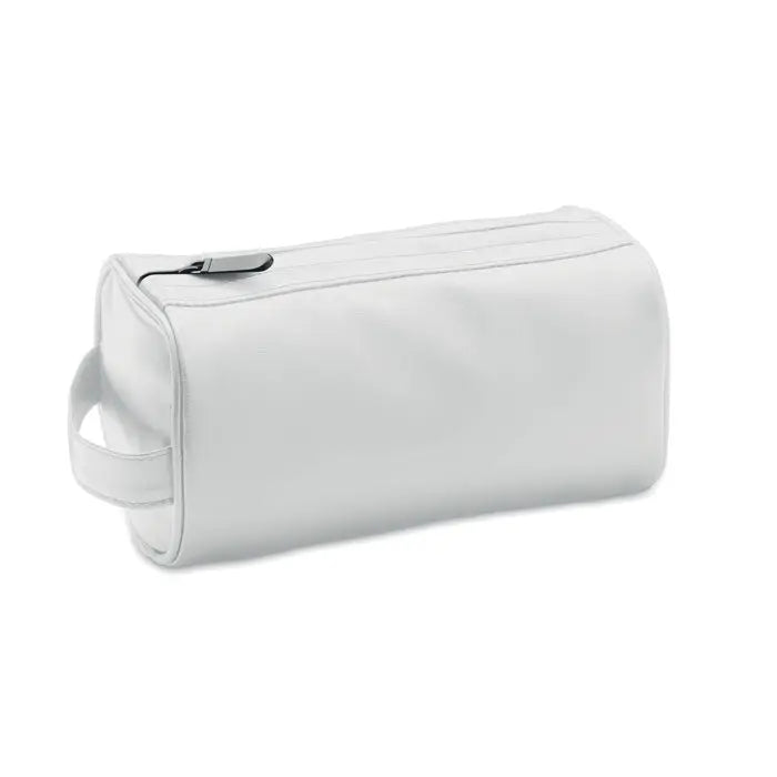 Geanta alba cilindrica pentru cosmetice din pu moale cu fermoar si maner elegant pentru utilizare practica