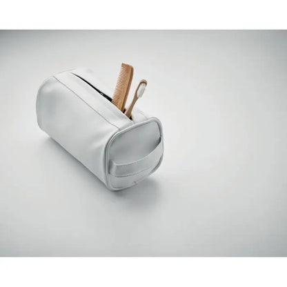 Geanta moale pentru cosmetice din piele alba cu fermoar si maner lateral din pu