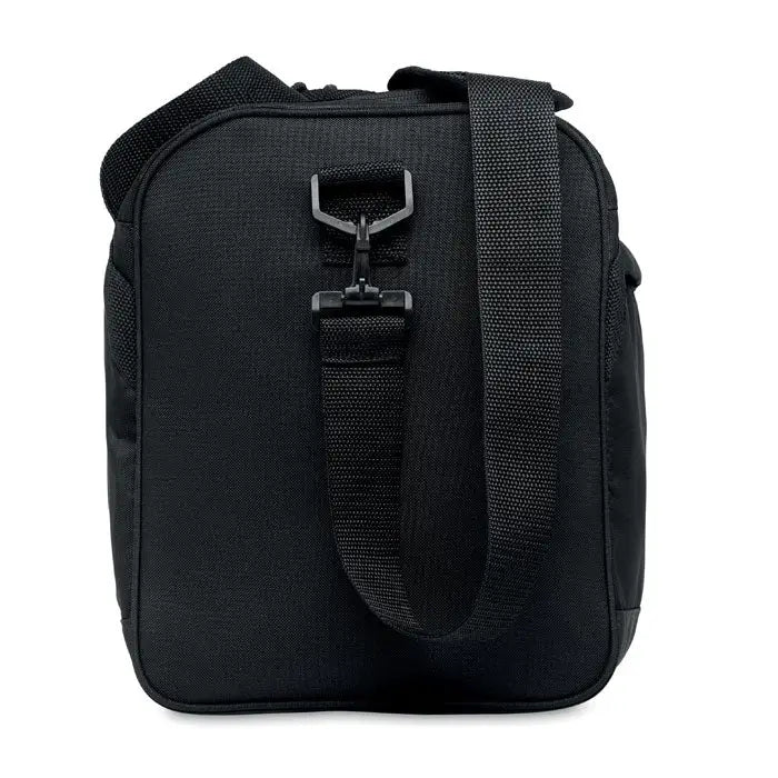 Geanta sport 600d rpet neagra din nailon cu bretea din banda rezistenta si catarama metalica