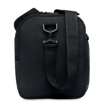 Geanta sport 600d rpet neagra din nailon cu bretea din banda rezistenta si catarama metalica