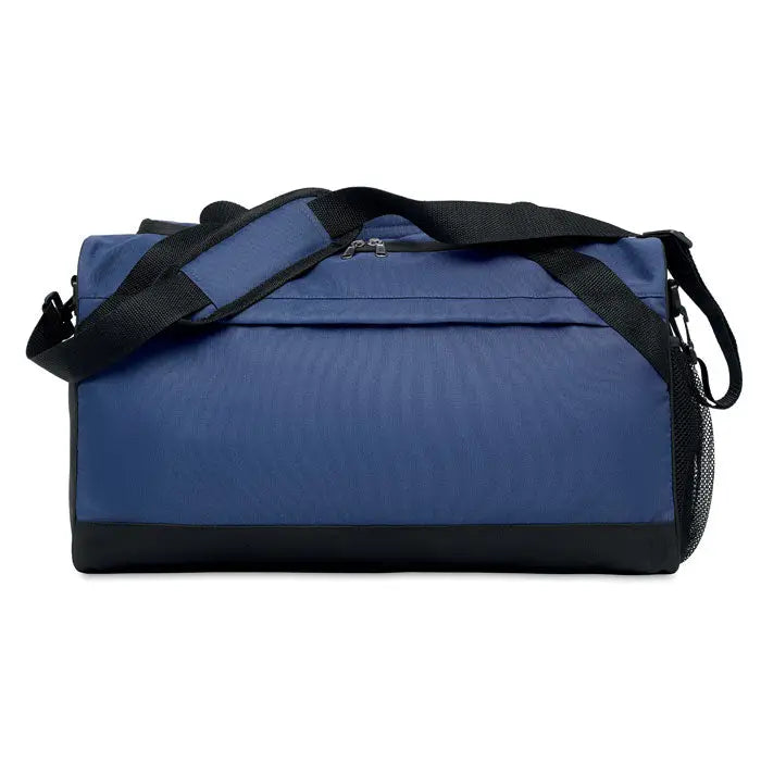 Geanta sport 600d rpet albastru si negru cu curele intarite si buzunar lateral din plasa