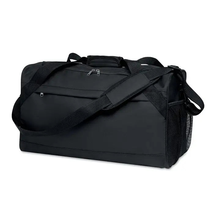 Geanta sport 600d rpet neagra cu barete ranforsate si buzunar lateral din plasa