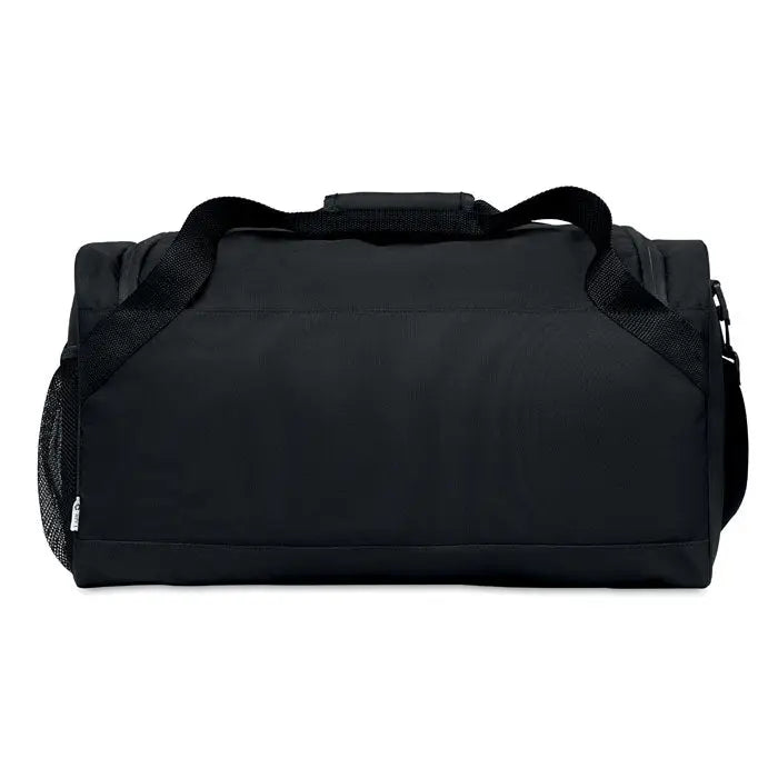 Geanta sport 600d rpet neagra din material rezistent cu buzunar lateral din plasa pentru sportivi