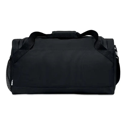 Geanta sport 600d rpet neagra din material rezistent cu buzunar lateral din plasa pentru sportivi