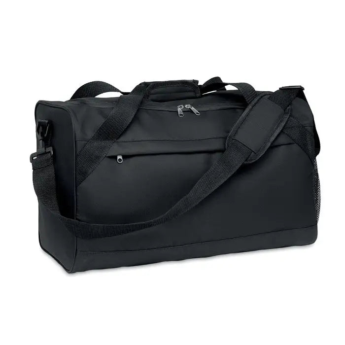 Geanta sport 600D RPET neagra cu bretea reglabila si multiple buzunare cu fermoar pentru sport