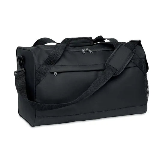 Geanta sport 600D RPET neagra cu bretea reglabila si multiple buzunare cu fermoar pentru sport