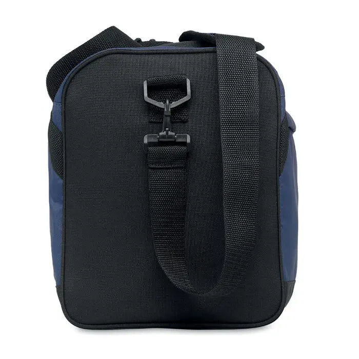 Geanta sport 600d rpet neagra si bleumarin din material rezistent cu bretea web si catarama din plastic negru