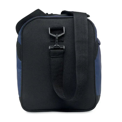 Geanta sport 600d rpet neagra si bleumarin din material rezistent cu bretea web si catarama din plastic negru