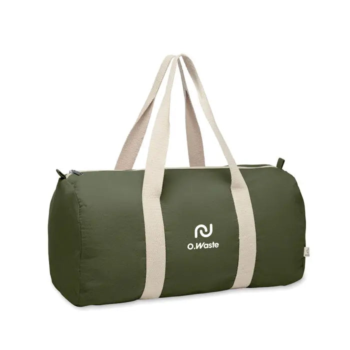 Geanta sport din bumbac reciclat verde masliniu cu manere crem si logo minimalist