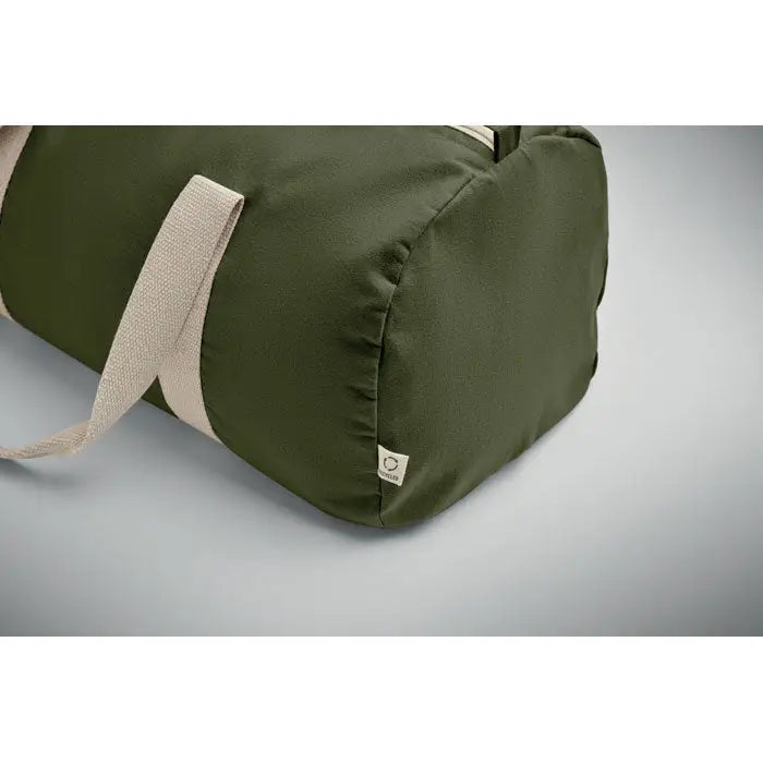 Geanta sport din bumbac reciclat olive verde cu manere din material bej din panza dura