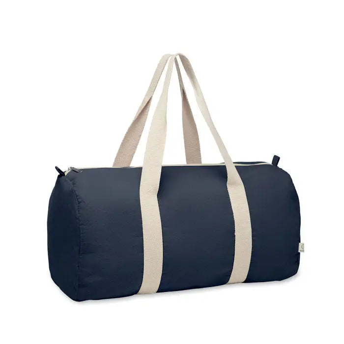 Geanta sport din bumbac reciclat navy blue cu curele din panza crem pentru transport usor
