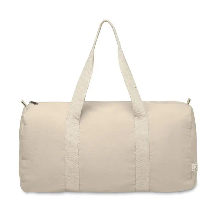 Geanta sport din bumbac reciclat bej din canvas cu manere rezistente si design minimalist