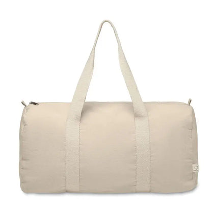 Geanta sport din bumbac reciclat bej din canvas cu manere rezistente si design minimalist