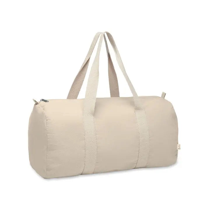 Geanta sport din bumbac reciclat bej cu manere asortate din material textil si design minimalist