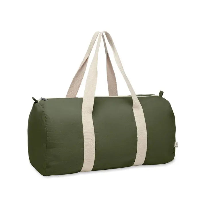Geanta sport din bumbac reciclat verde măsliniu cu design cilindric și barete crem din material textil minimalist