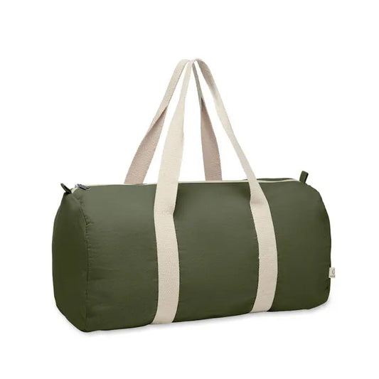 Geanta sport din bumbac reciclat verde măsliniu cu design cilindric și barete crem din material textil minimalist