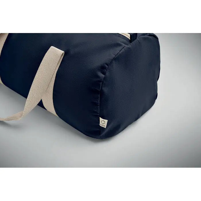 Geanta sport din bumbac reciclat navy blue cu mânere bej din material textil rezistent pentru activități sportive
