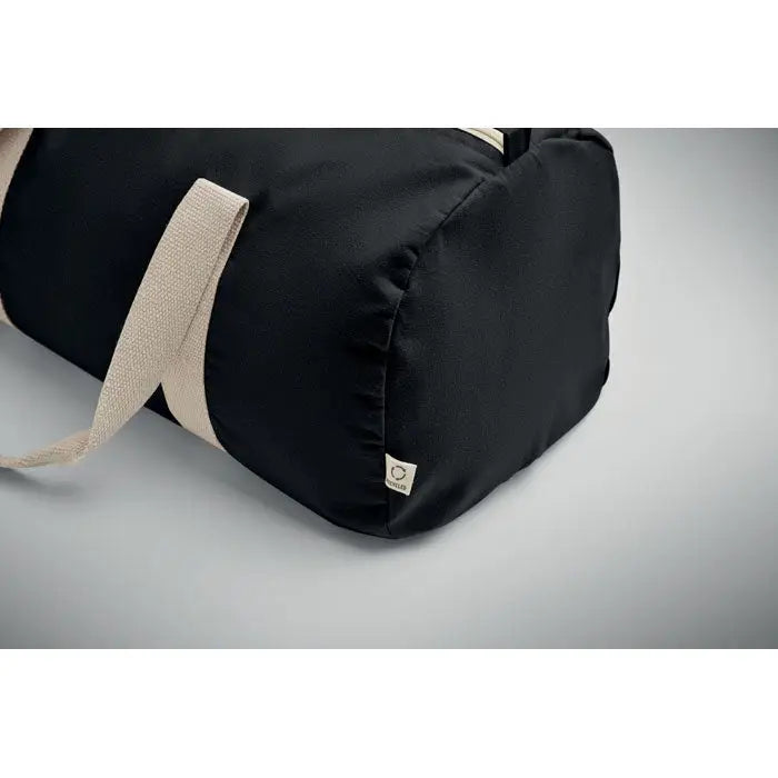 Geanta sport din bumbac reciclat neagra cu manere bej din material textil din fata