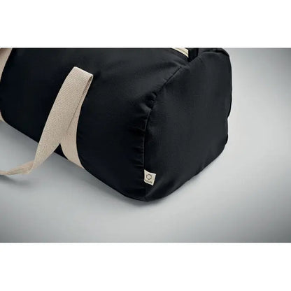 Geanta sport din bumbac reciclat neagra cu manere bej din material textil din fata