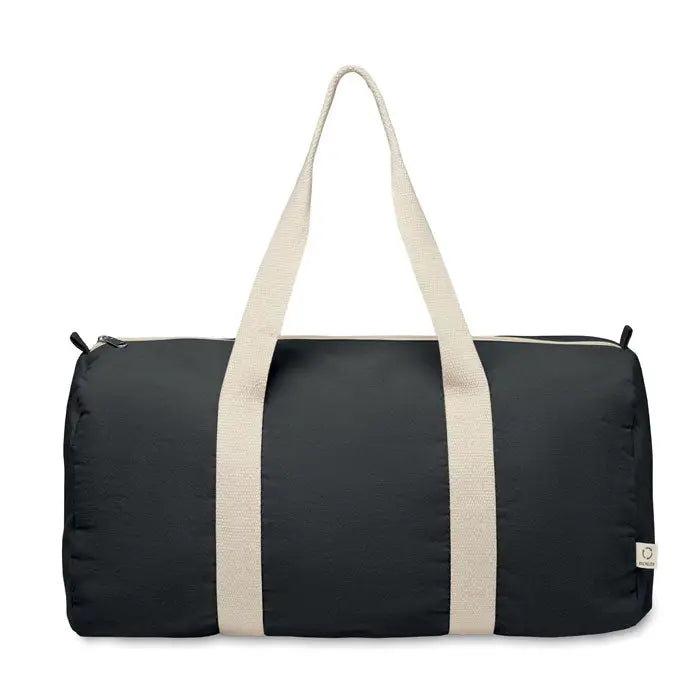 Geanta sport din bumbac reciclat neagra cu manere crem din material textil si eticheta mica pe lateral