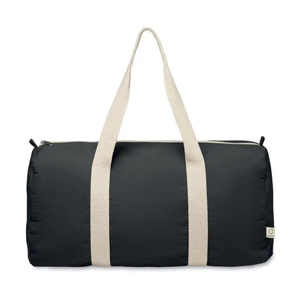 Geanta sport din bumbac reciclat neagra cu manere crem din material textil si eticheta mica pe lateral