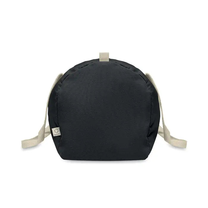 Geanta sport din bumbac reciclat neagra cu bretele bej din material textil si eticheta mica de brand pe lateral