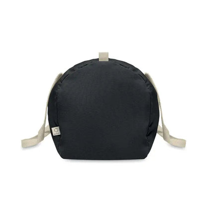 Geanta sport din bumbac reciclat neagra cu bretele bej din material textil si eticheta mica de brand pe lateral
