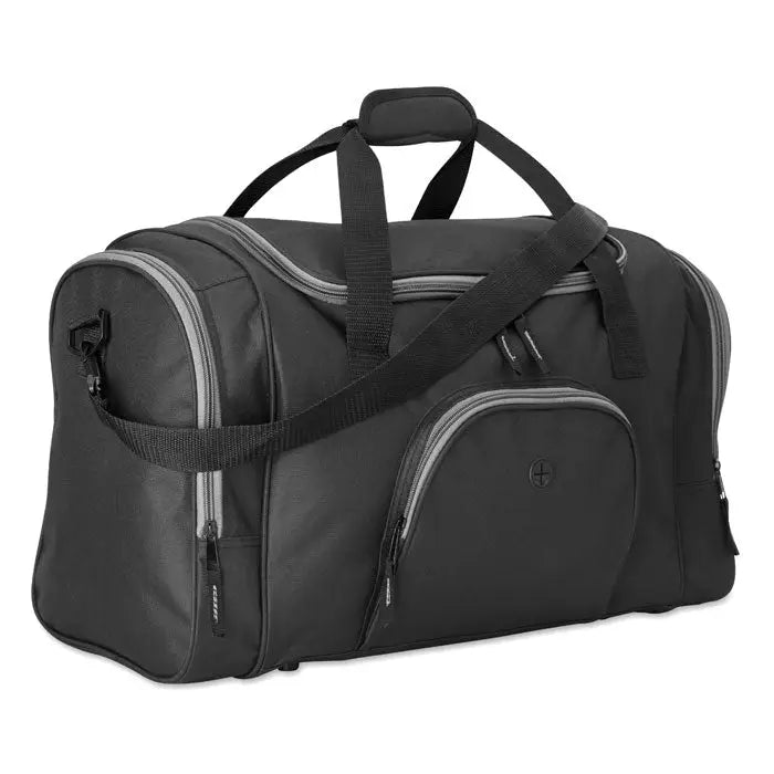 Geanta sport neagra din material 600D cu fermoare gri si logo circular pe buzunarul frontal