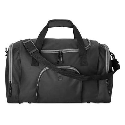 Geanta sport neagra din material 600D cu fermoar gri si logo mic pe fata
