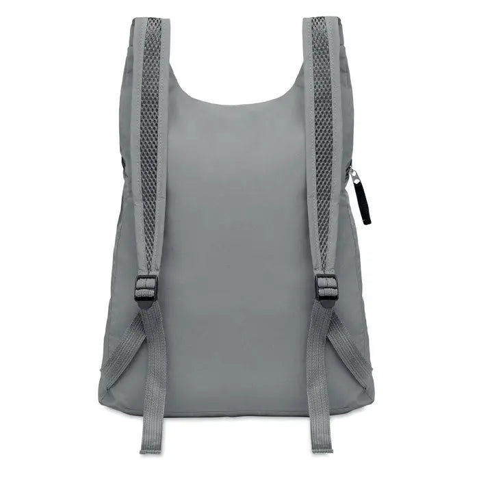 Geanta sport pliabila reflectorizanta gri din nylon cu bretele din plasa si fermoare negre