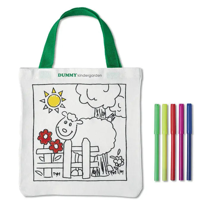 Geanta tote alb canvas cu mânere verzi și pagină de colorat oaie în grădină dummy kindergarden cu 5 markere colorate