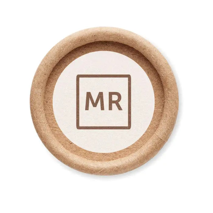 Un container circular din carton maro deschis cu un centru alb si logo-ul mr pentru gel de apa vegan unisex
