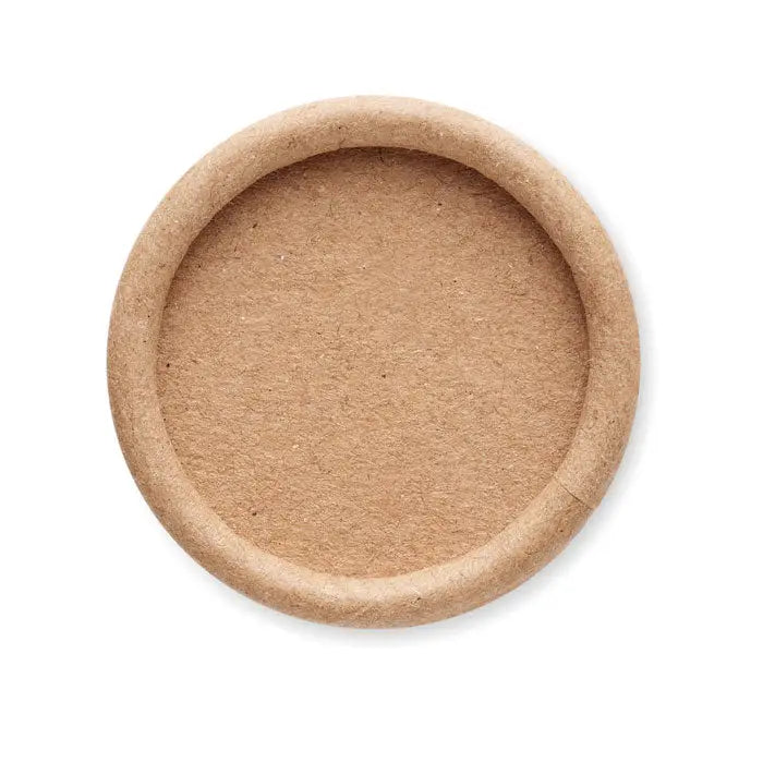 Coaster rotund din carton maro deschis cu suprafață texturată și margine ușor ridicată pentru gel de apa vegan unisex