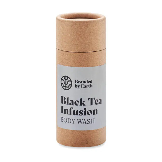 Gel de apa vegan unisex pentru corp infusionat cu ceai negru in tub cilindric din carton maro deschis de branded by earth