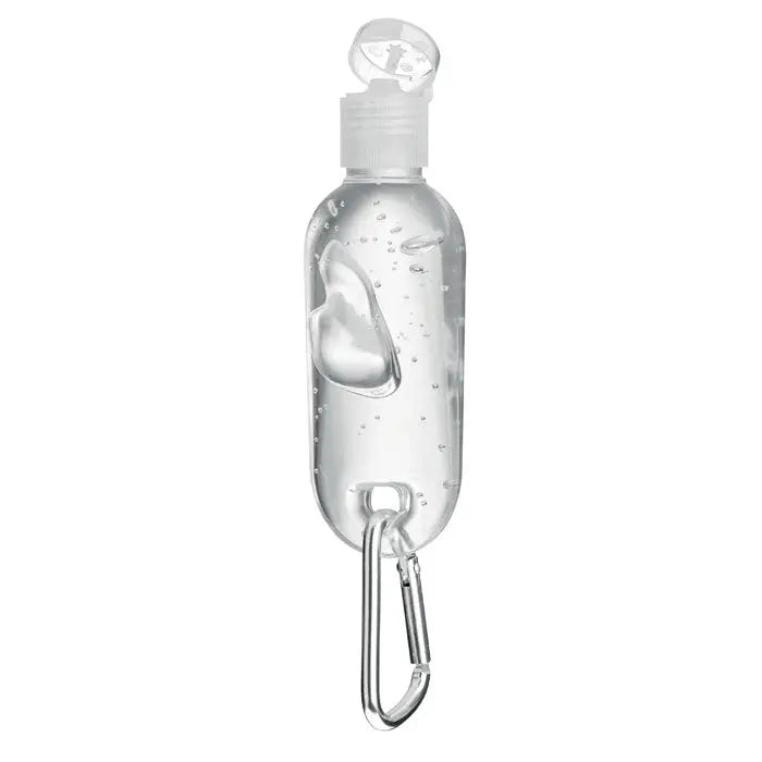 Gel de curatare maini 30 ml in sticla transparenta cu capac alb rabatabil si carabiniera argintie din plastic