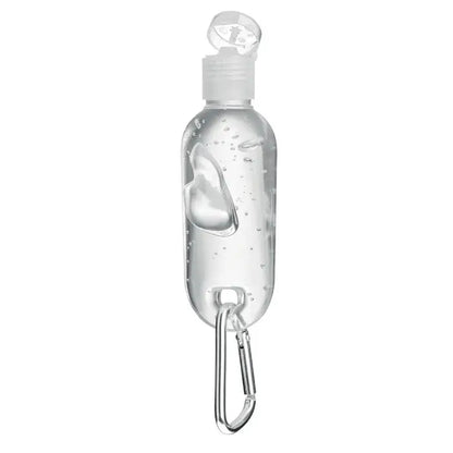 Gel de curatare maini 30 ml in sticla transparenta cu capac alb rabatabil si carabiniera argintie din plastic