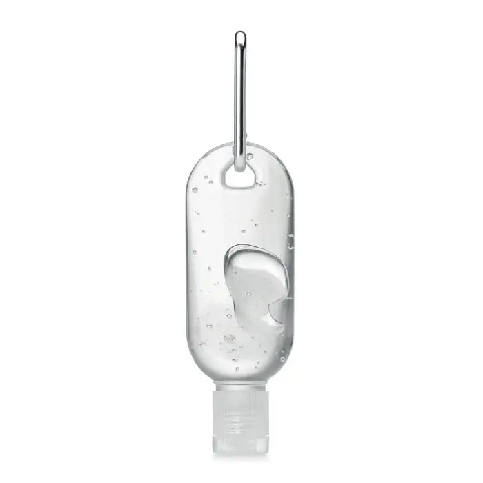 Gel de curatare maini 30 ml in recipient transparent cu pompa alba si carabina metalica argintie