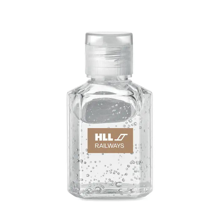 Gel de curatare maini 30 ml în sticla transparenta cu capac flip-top si eticheta maro hll railways alba